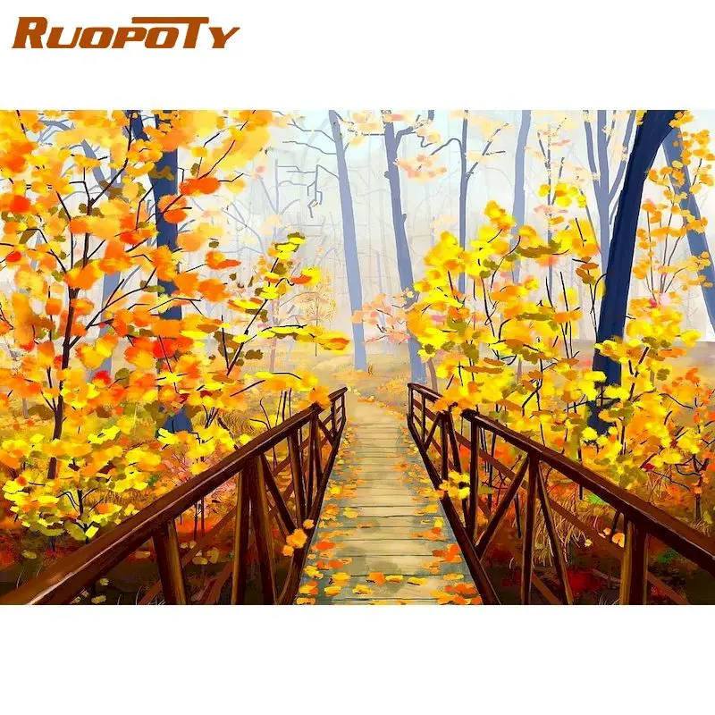 

RUOPOTY Frame Diy Painting By Numbers Kits Fallen Leaf Bridge Landscape Picture Handicrafts Paint With Number 40x50cm Diy Ideas