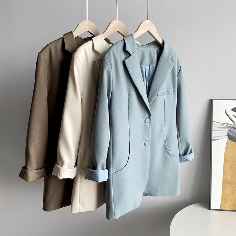 

2022 New Design Autumn Spring Long Sleeve Coats Office Ladies Blazers For Work Thin Blue Black Casual Jacket Korean Fashion Tops
