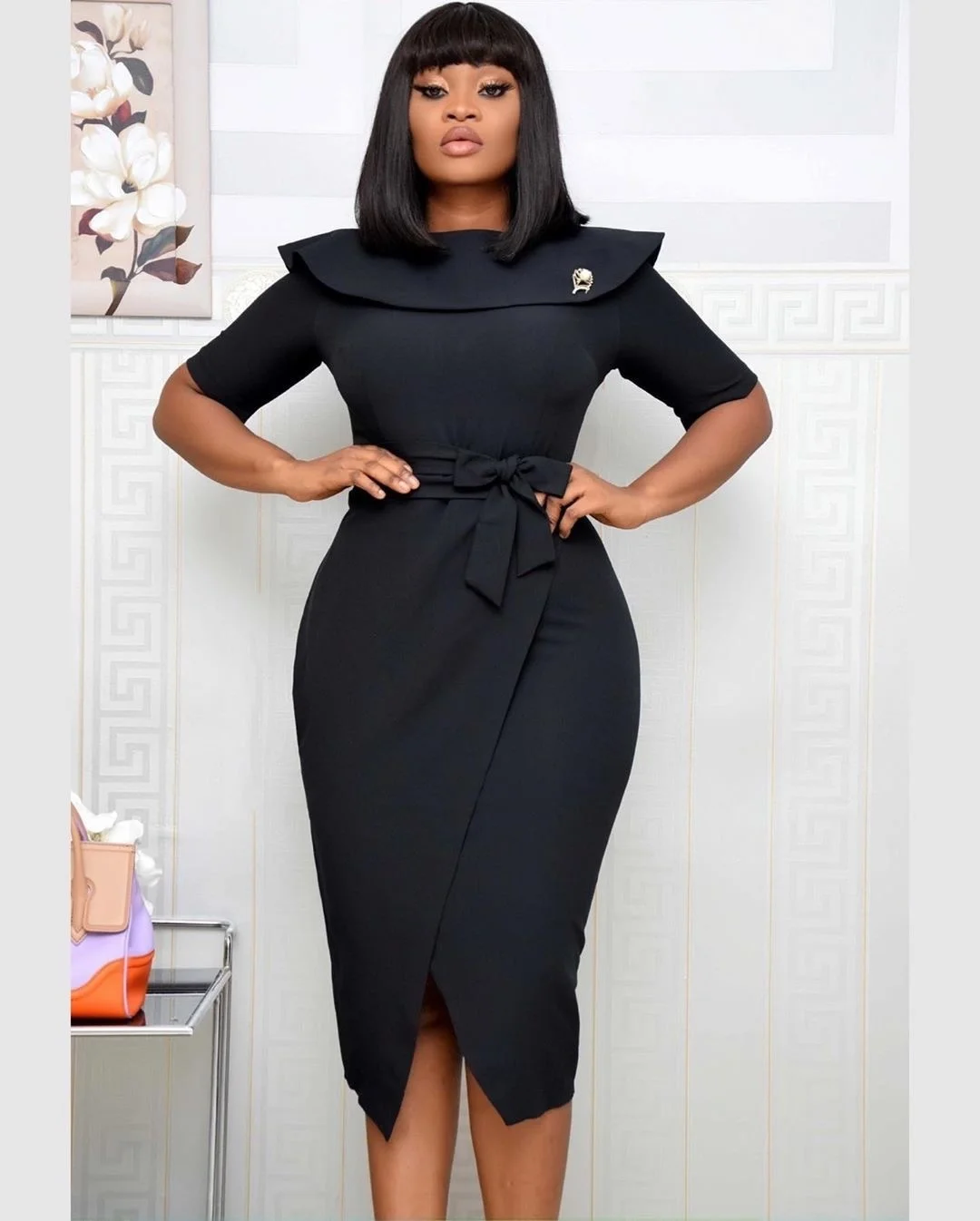 Women's 2023 New Style Solid Color Office Lady Dress Short Sleeve With Belted Slim Fit Bodycon Casual Midi Dress Femme Vestidos