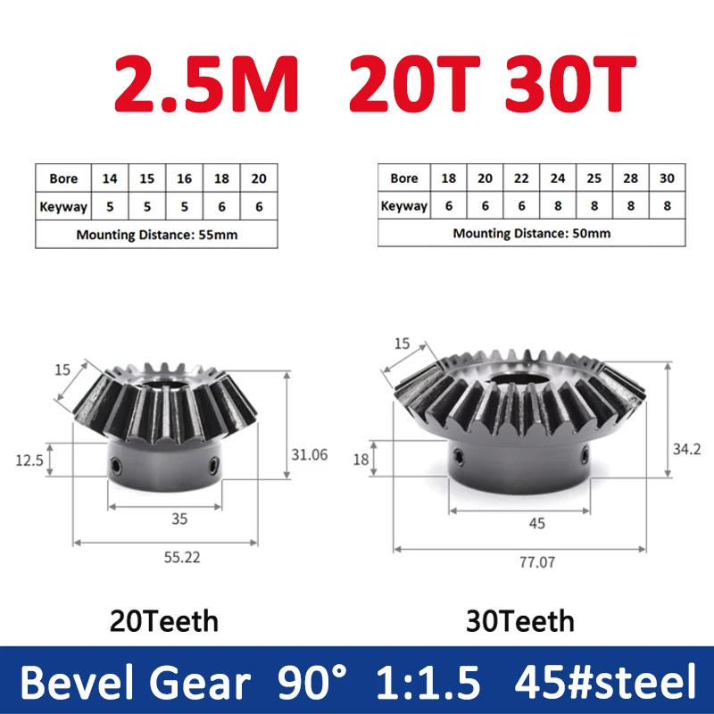 

1PCS 1:1.5 Bevel Gear 2.5M 20T 30T Keyway Bore 14/15/16/18/20/22/24/25/28/30mm 90 Degrees Meshing Angle Steel Gears 45# Steel