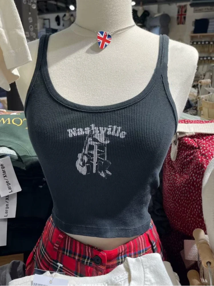 

Casual Women Guitar Print Ribbed Camis Summer Black Cotton Sleeveless Slim Tank Female Classic Graphic Y2k Crop Top 2023 New
