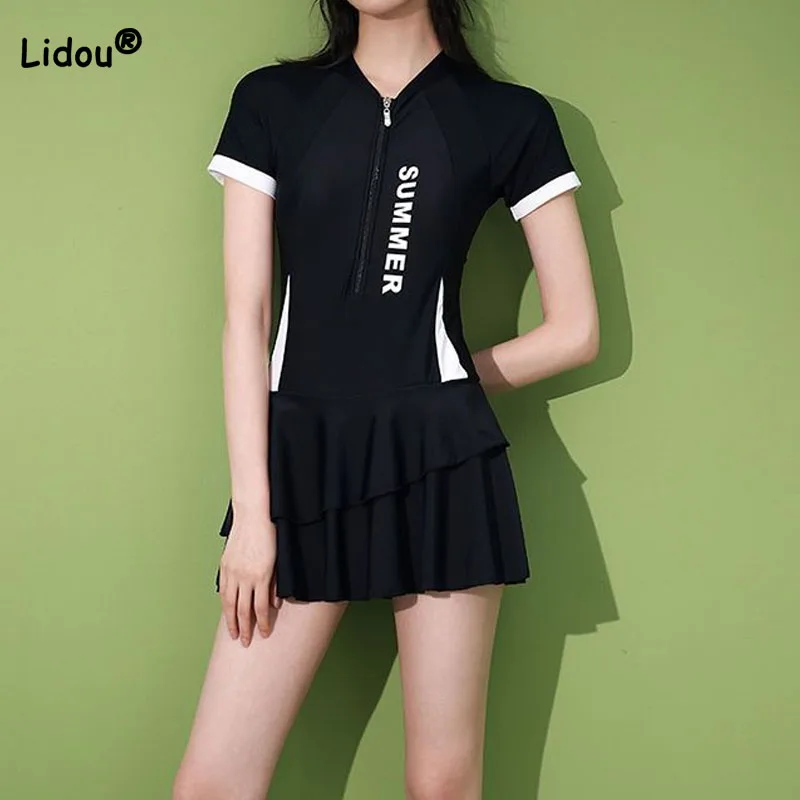 2023 Female Short Sleeve One-Piece Swimsuit Women Zipper Surfing Bodysuit Sexy Swimwear Sun Protection Bathing Swimming Suits