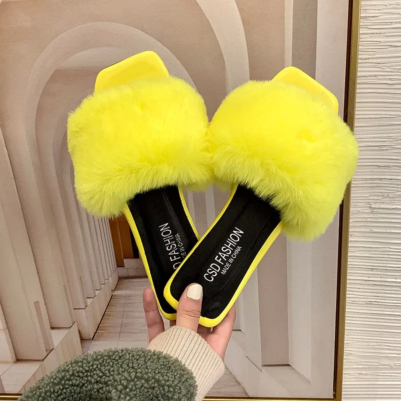 

Spring Summer Fluffy Slippers Shoes Woman Plush Flip Flop Flat Furry Non-slip Slides Outdoor Flats Sandal Women's Slippers 2022