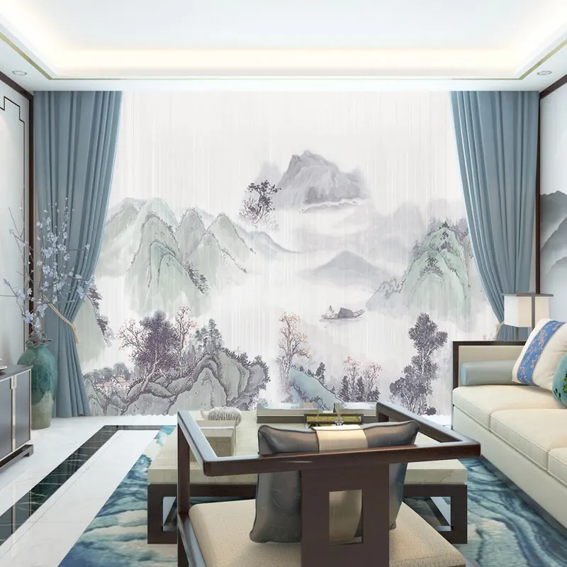 

Custom Chiffon Voile Sheer Curtain Window Tulle Drape for Bedroom Living Room Mountain Hills Tree Landscape