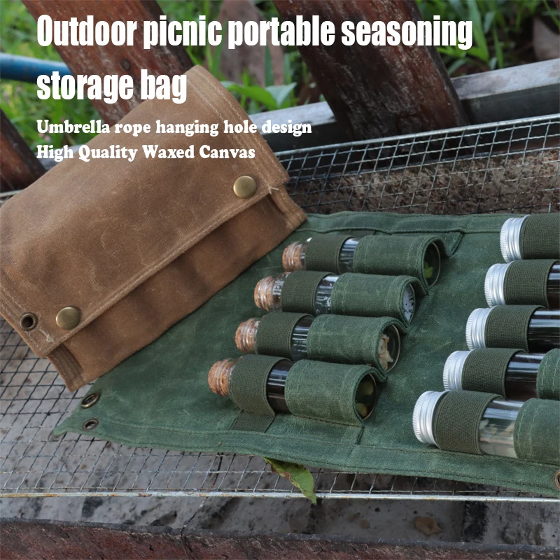 

Outdoor Picnic Portable Seasoning Storage Bag BBQ Tool With 9 Glass Bottle Umbrella Rope Hanging Hole Design Picnic Tool Set