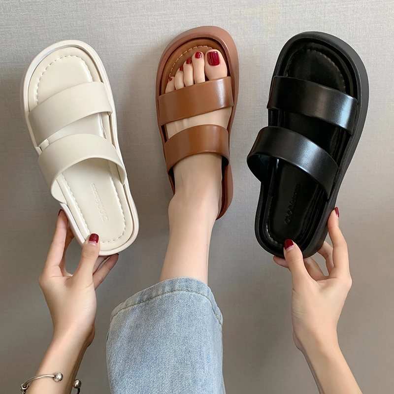 2023 New Summer Women's Shoes Fashion Leather PU Girls Slippers Flat Shoes Casual Slippers Outside Women Slippers Female Sandals