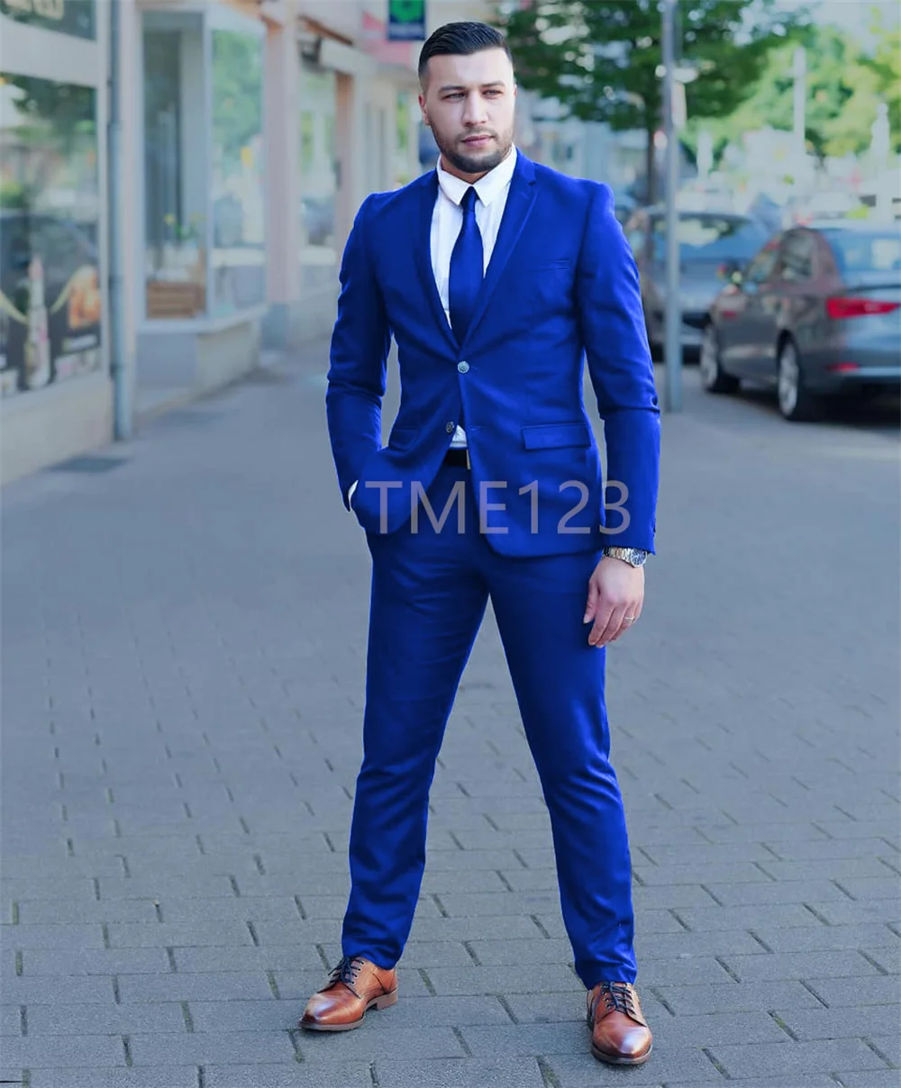 Slim Fit Gentlemen Suits for Men 2 Piece Blue Wedding Groom Tuxedo Male Fashion Smoking Costume Jacket with Pants 2022