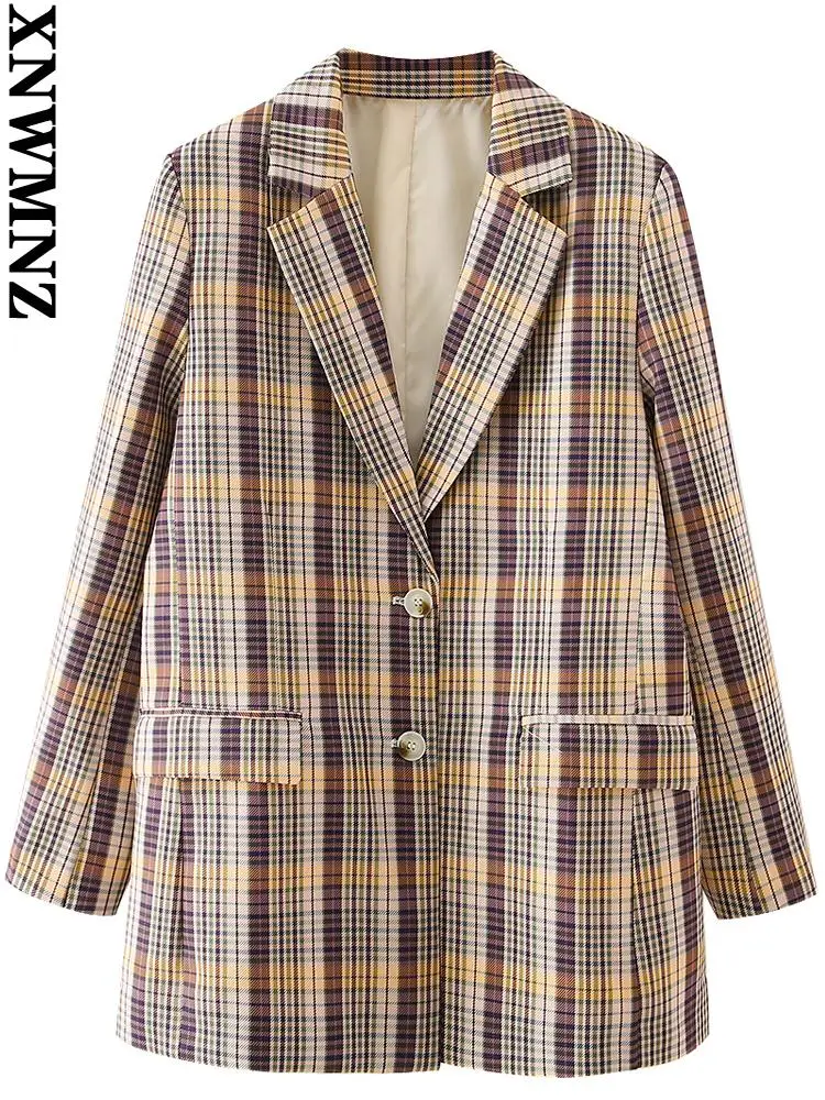 

XNWMNZ blazers for women elegant fashion office wear single-breasted plaid blazers coat vintage long sleeve female outerwear