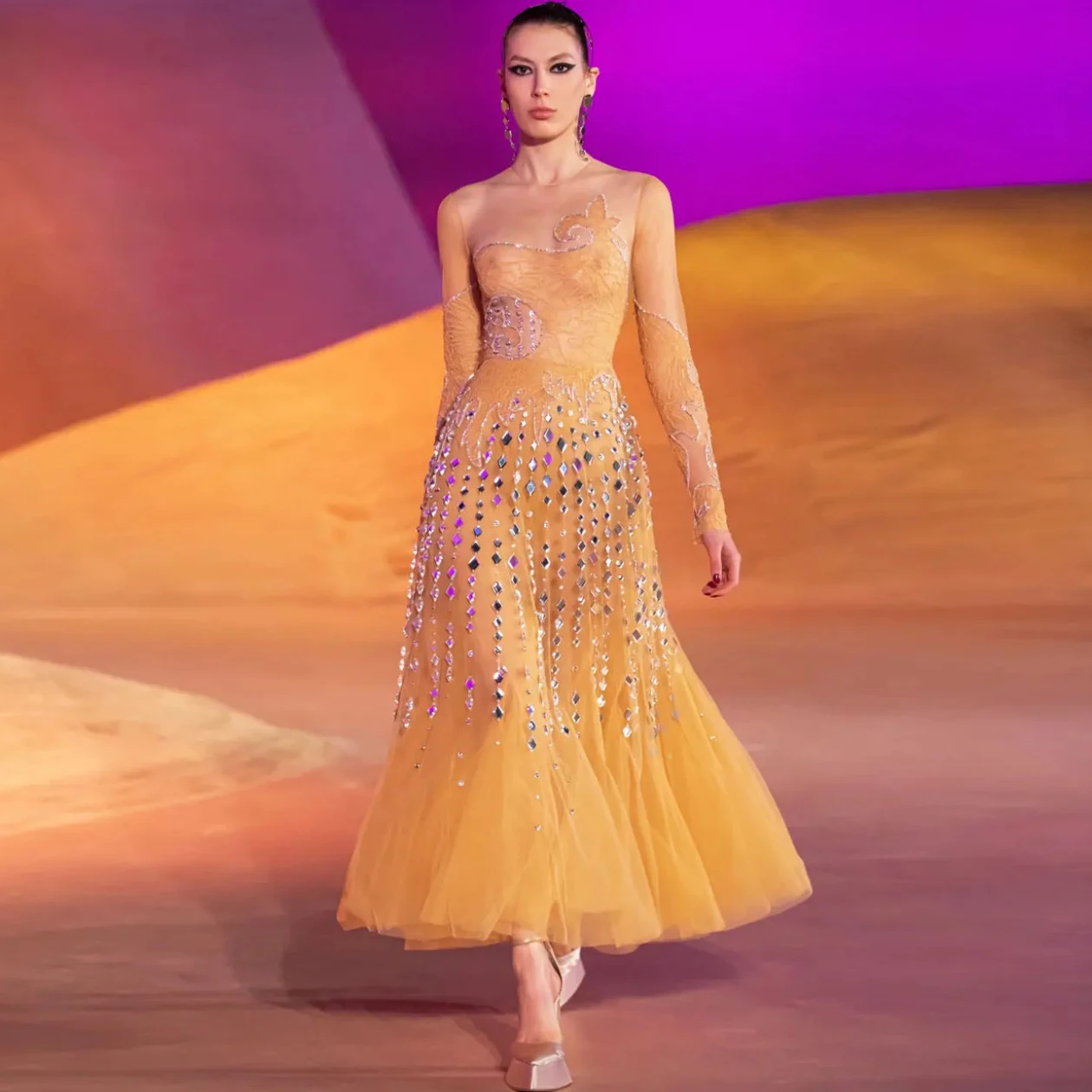 

Прозрачное платье для выпускного вечера с круглым вырезом, блестящее платье из тюля с длинным рукавом, ТРАПЕЦИЕВИДНОЕ вечернее платье для ж...