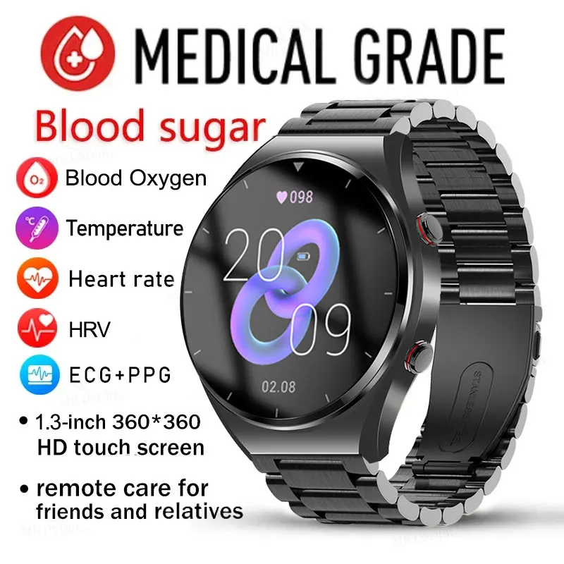 

Noninvasive Blood Sugar Smart Watch Men ECG+PPG Precise Body Temperature Heart Rate Monitor Smartwatch HRV Blood Pressure Watch
