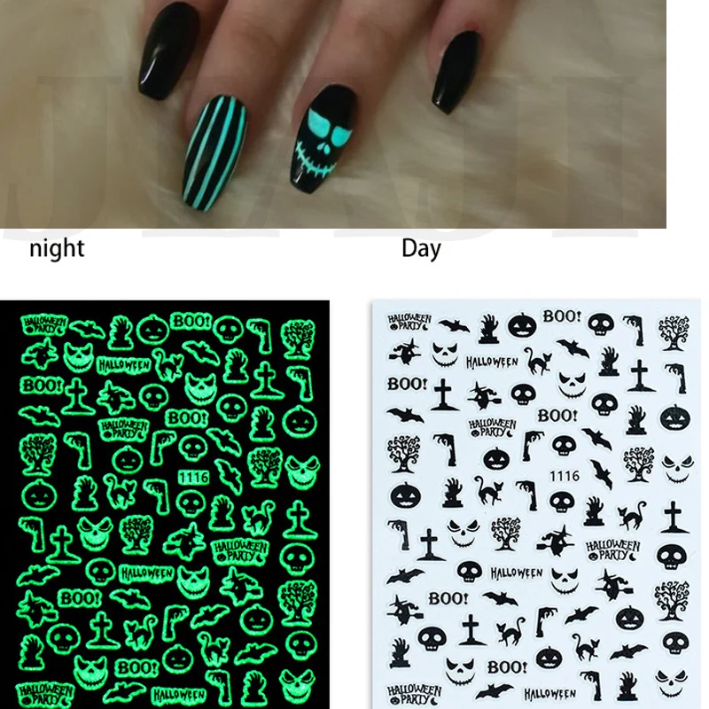 

3D Luminous Nail Stickers Halloween Pumpkin Spider Star Moon Transfer Sliders Winter Glow In The Dark Nail Art Decoration