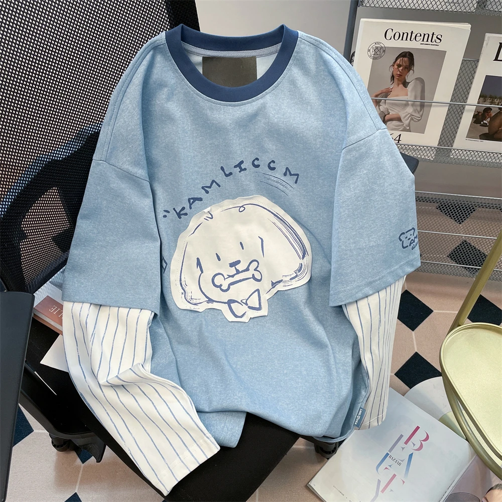 Japan fashion Applique Puppy Fake Two Pieces Long sleeves Shirt Women Autumn Chic Hong Kong Sle Retro Contrast Color Stripe...