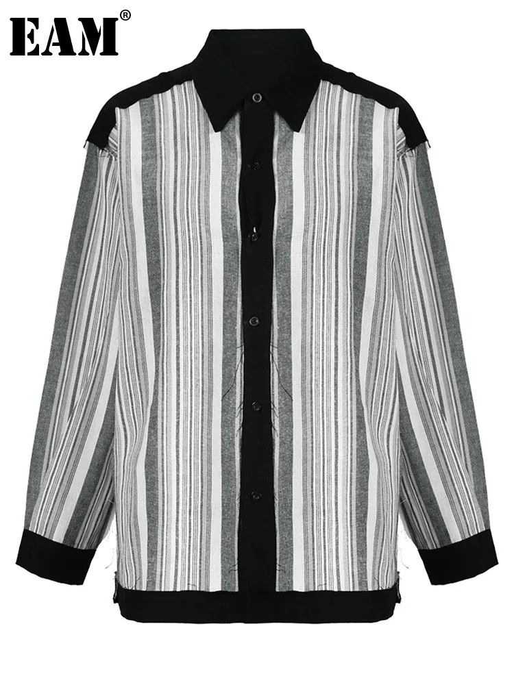 

[EAM] Women Gray Color-block Striped Casual Big Size Blouse New Lapel Long Sleeve Shirt Fashion Tide Spring Autumn 2023 CPG0781