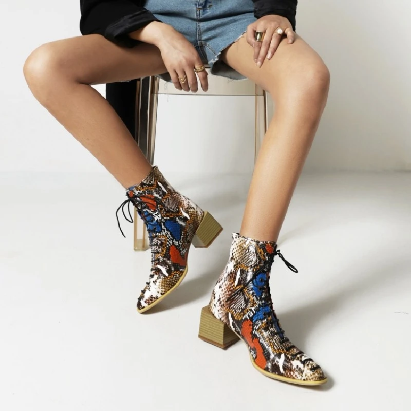 Winter 2022 European and American style square thick heel lace-up snakeskin work boots High-heeled women's boots