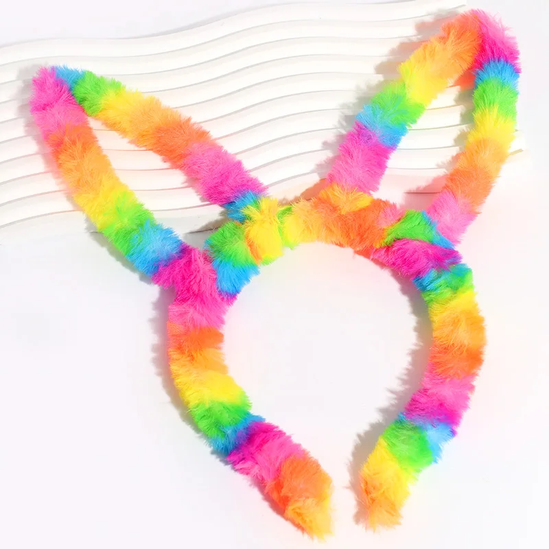 

Rainbow Long Ears Headband Plush Warm Hair Band Cos Cat Girl Hair Accessories Halloween Headdress