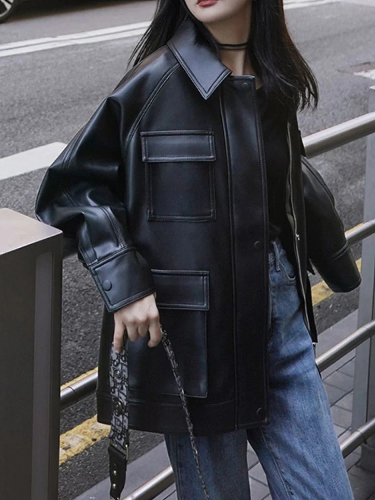 Black Winter Leather Jacket Women High Street Harajuku Zipper Moto Jacket Female Casual Loose Streetwear Warm Oversize Y2k Coat