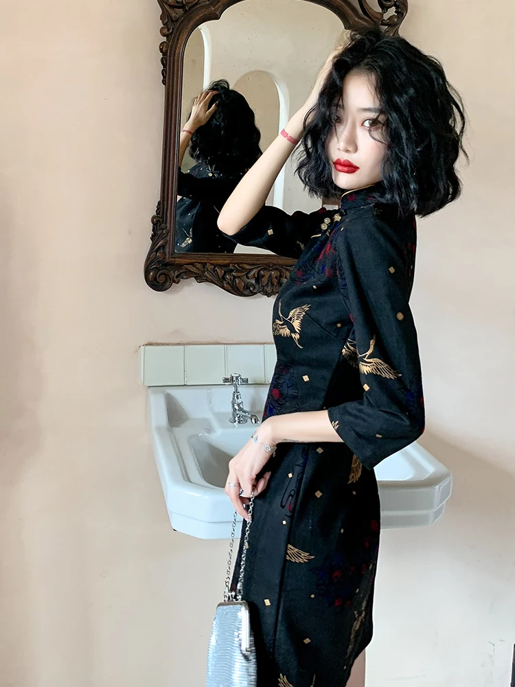 

National Fashion Cheongsam 2023 New Summer Young Girl Improved Black Chinese Style Short