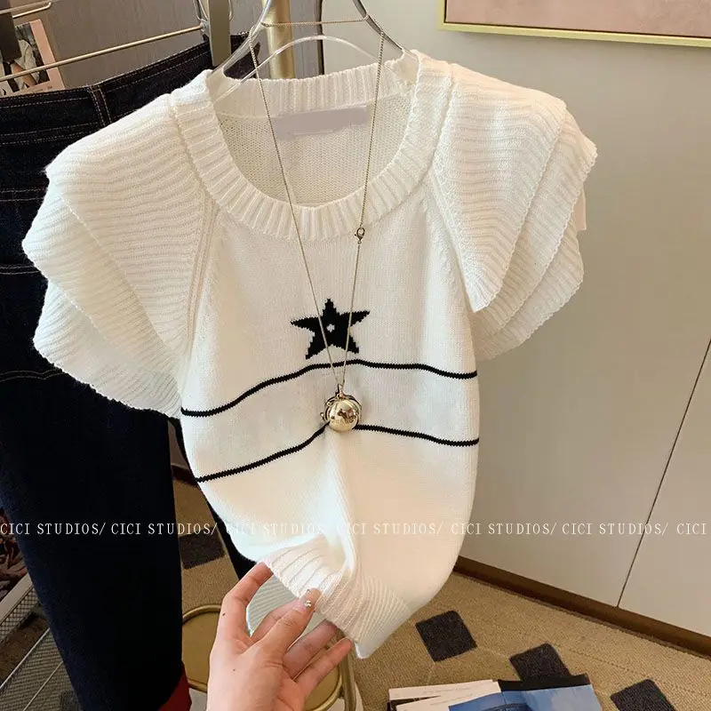 

2023 Summer Star Embroidery Casual Pullovers for Women Korean Fashion Ruffles Knitted Short Sleeve T-shirt Vintage Sweater