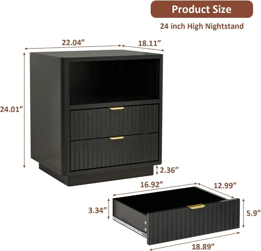 Набор рифленых тумбочек из 2 шт. черные прикроватные тумбочки с ящиками и