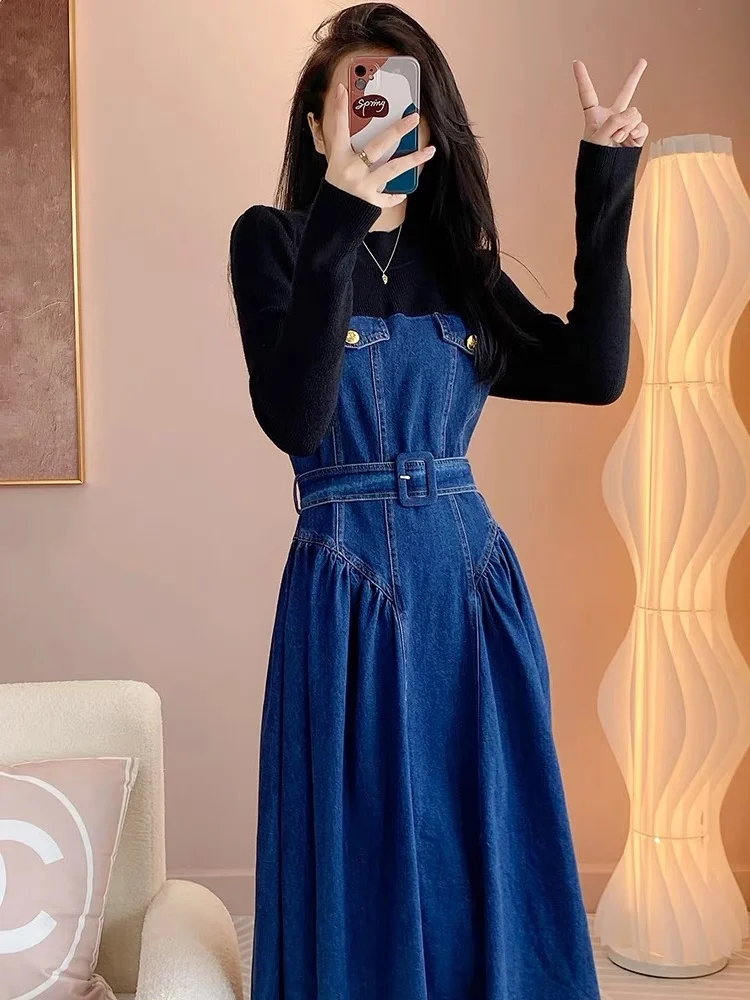 new 2023 autumn and winter women's clothing Knitted Patchwork Denim Dress Retro Long Sleeve Waist-Slimming Long Dress 1013