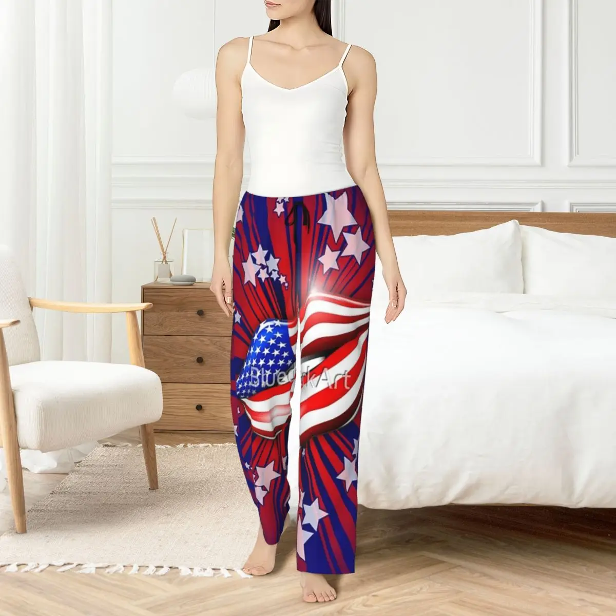 

USA Flag Lipstick On Smiling Lips Women's Pajama Pants Elastic waist Soft S-XXL