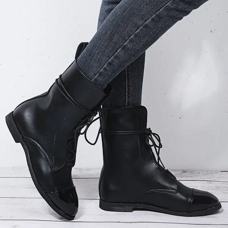 

Женские теплые сапоги на квадратном каблуке, сапоги из телячьей кожи на низком каблуке со шнуровкой, неформальные, длинные, Зимняя мода, узкие остроносые сапоги