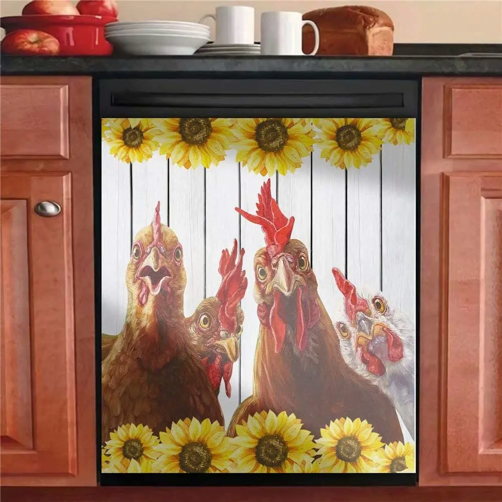 

Sunflower Rooster Dishwasher Sticker Magnet Kitchen Decor, Farmhouse Chicken Magnetic Fridge Door Cover Sheet,Refrigerator Panel