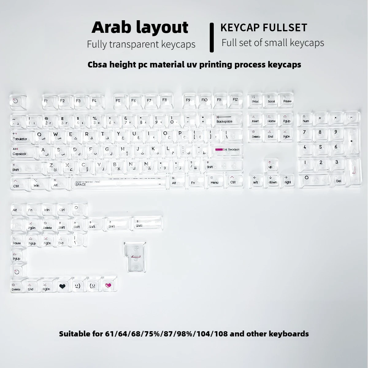 Arabic text layout keycaps Full transparent CBSA Height PC material Mechanical keyboard