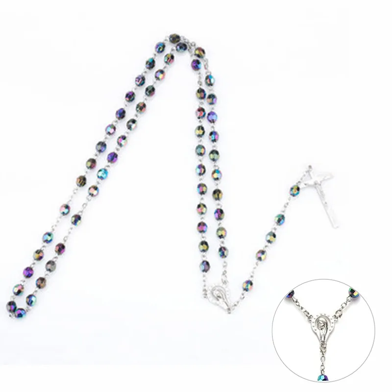 Красочные круглые бусины подвеска из сплава крест Девы Марии цепочка ожерелье