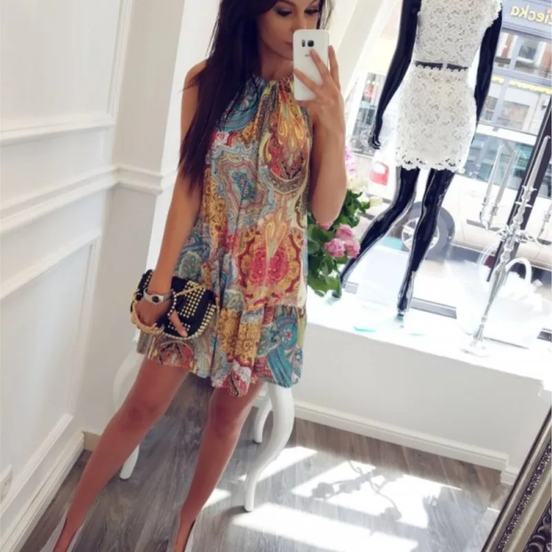 Платье женское сексуальное с принтом без рукавов лямкой на шее мини-платье