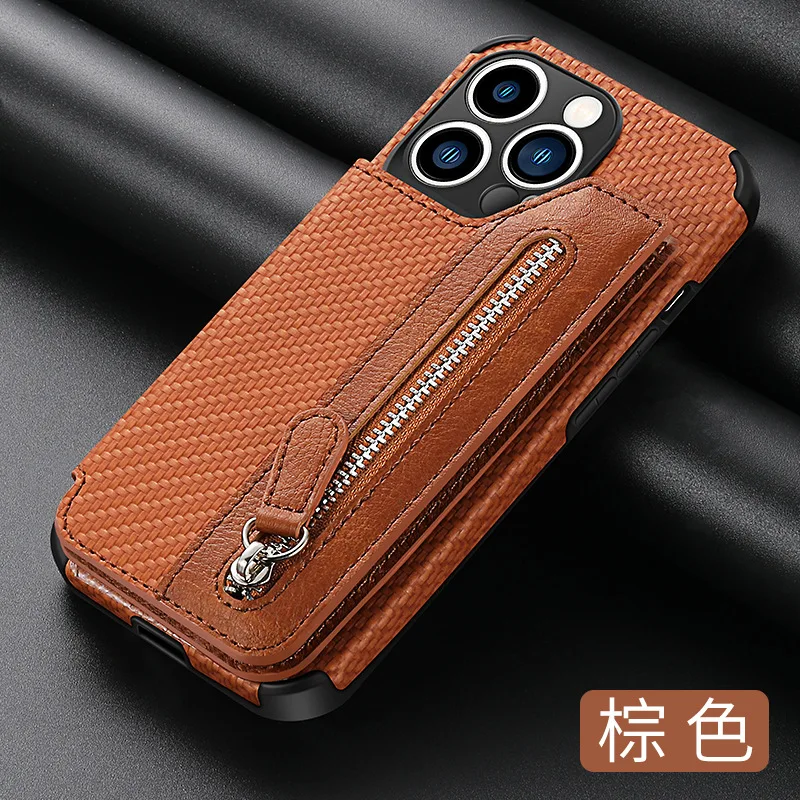 

10pcs Carbon Fiber Texture Zippered Pocket Leather + TPU Case for iPhone 14 13 12 Pro Max Plus Mini 11 X XS XR 8 7 Back Cover