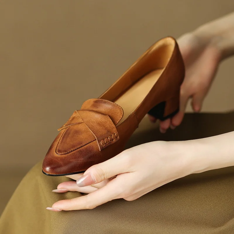 

Slip On Thick Square Heel Simple Shoes Women Loafers On Heel Retro Pumps Sheepskin Women's Vintage Shoes Cozy Med Heels