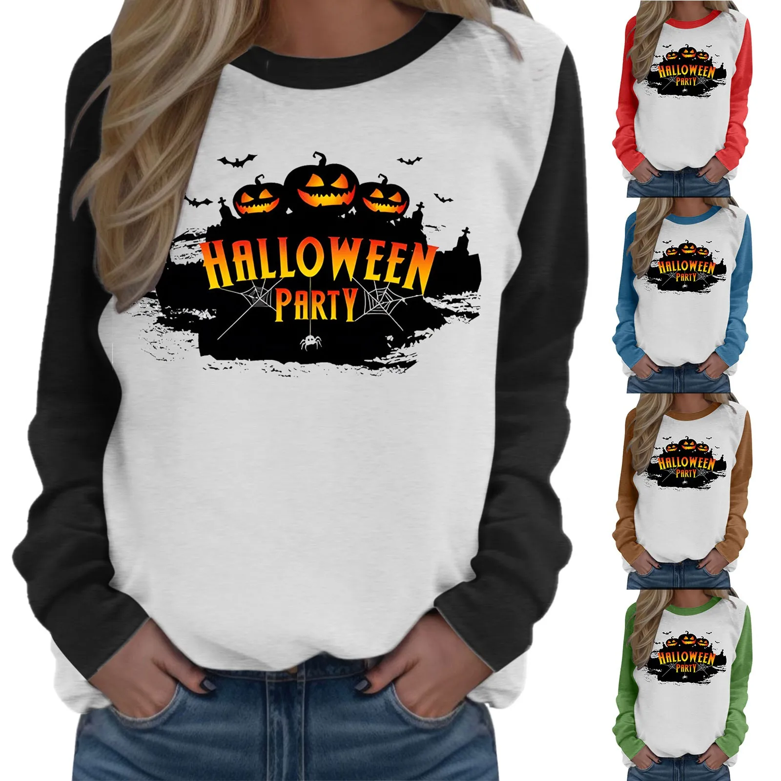 

Womens Raglan Sleeves Casual Comfort Pullover Long Sleeve Tops Halloween Sweatshirt Junior Hoodie