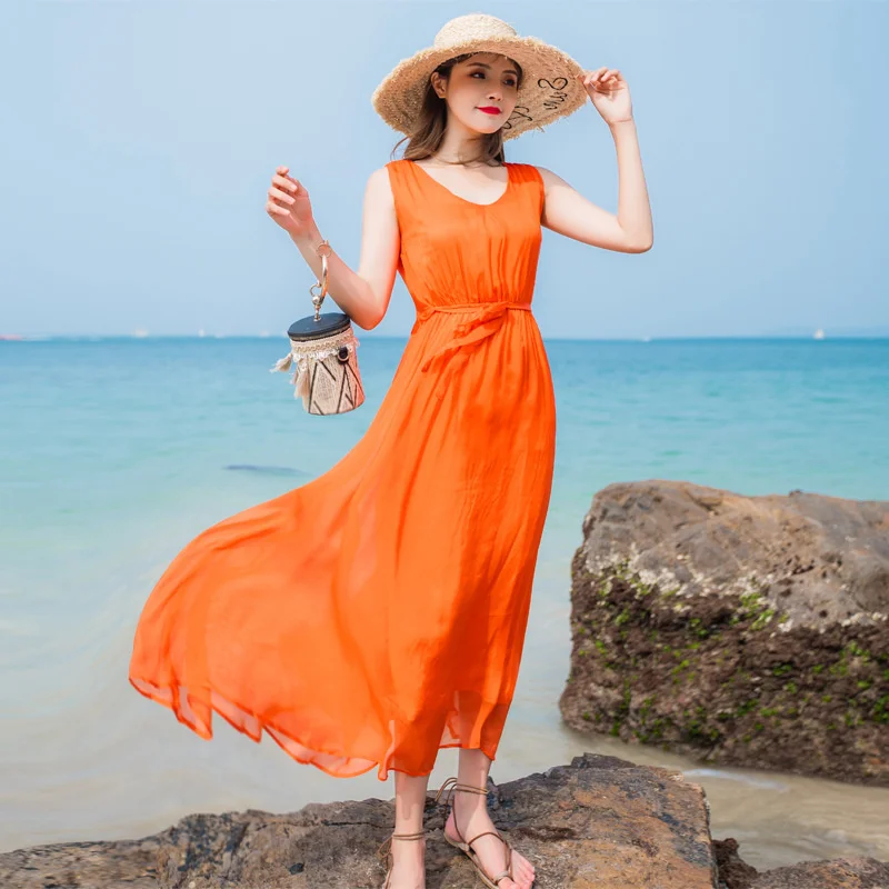 

Vintage Summer 100% Real Silk Dress Women Clothes 2022 Ladies Boho Elegant Beach Maxi Dresses Evening Party Vestidos 8011