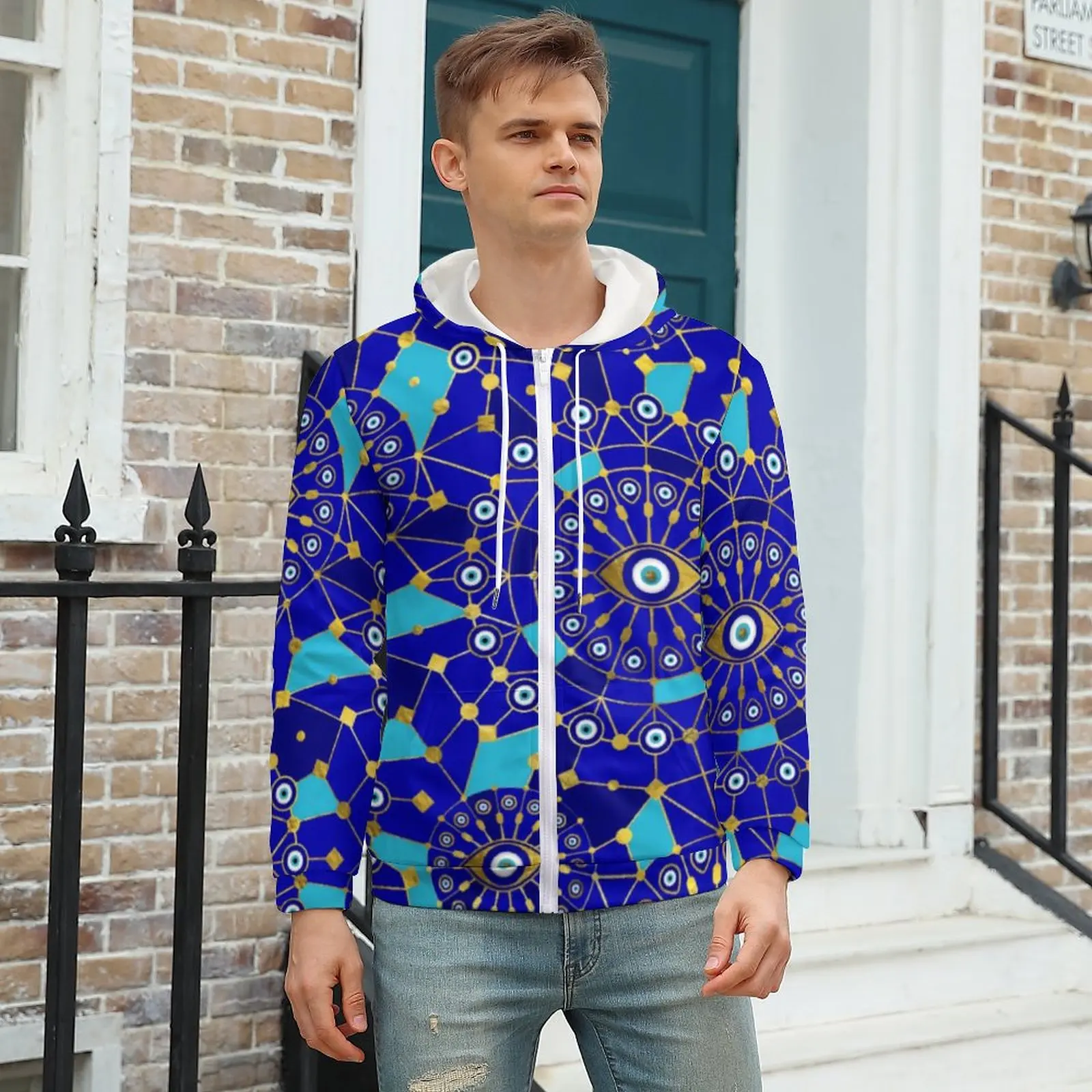 

Abstract Evil Eye Casual Hoodies Geometry Print Retro Custom Zipper Sweatshirts Autumn Long Sleeve Loose Oversized Hoodie Gift