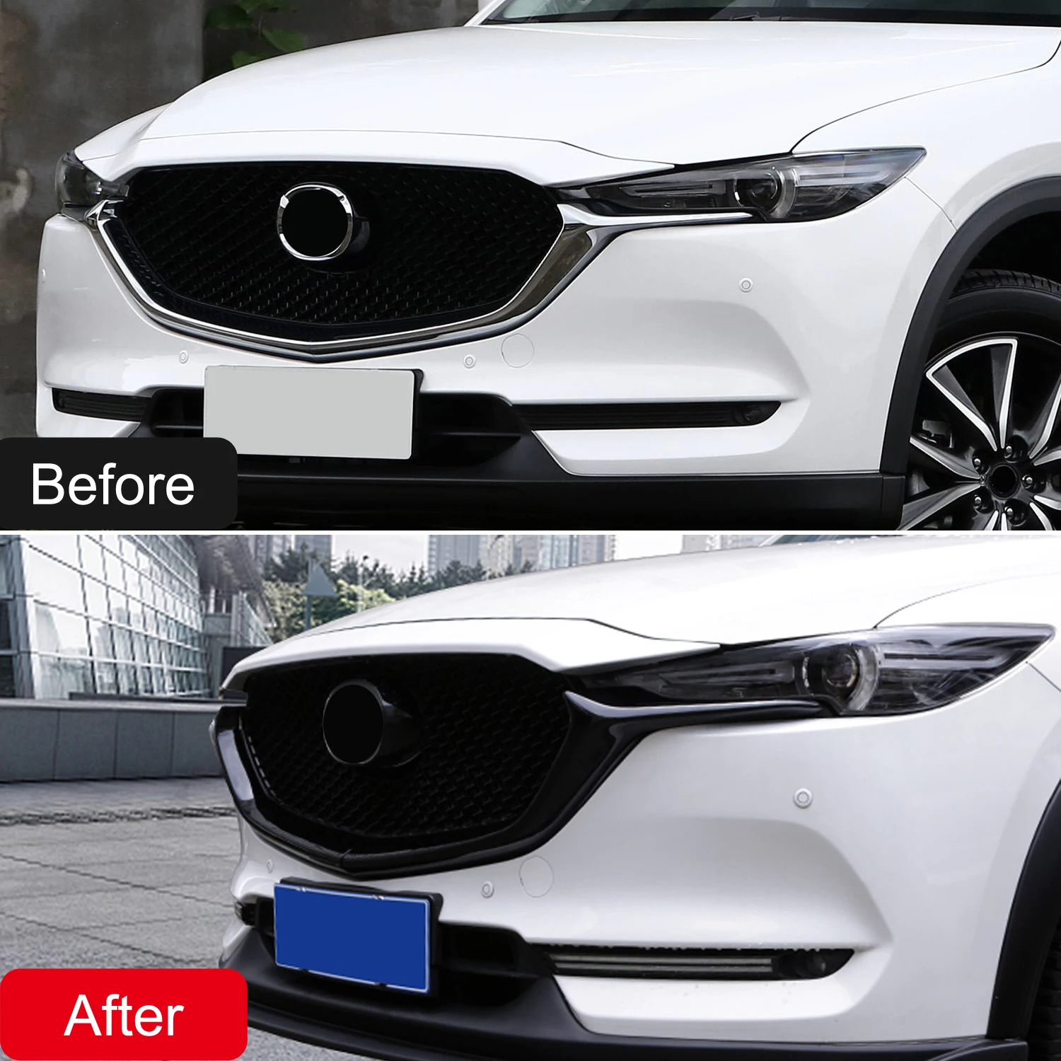 Фото Аксессуары для автомобиля Mazda CX-5 (2017-2023): глянцевые черные накладки на переднюю решетку радиатора из АБС-пластика, декоративные элементы №3