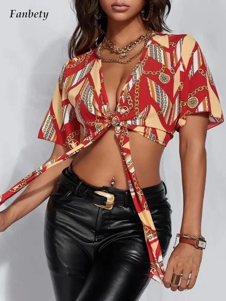 

Elegant Lace-Up Bowknot V Neck Boho Blouse Office Lady Fashion Leopard Chain Print Shirt Summer New Women Casual Beach Blusas