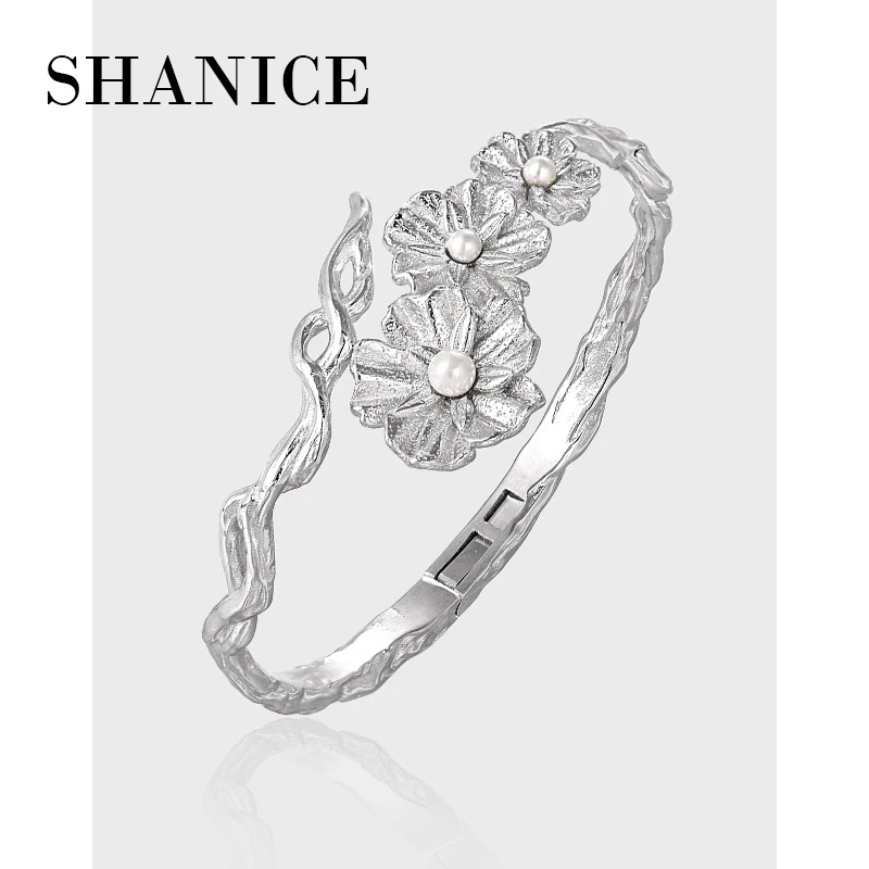 

SHANICE Korean version of ins cold and cool, niche retro style pearl flower S925 sterling silver open bracelet bangle for women