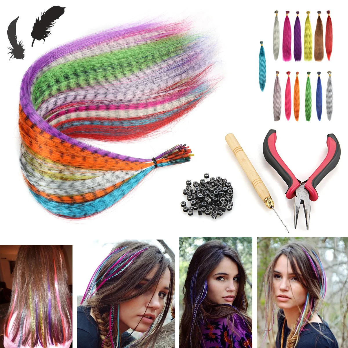 Multicolor Feather Hair Extension Kit Rainbow Synthetic False Feathers for Women Fake Hair Extensions Tools 35S/lot Mixed Color