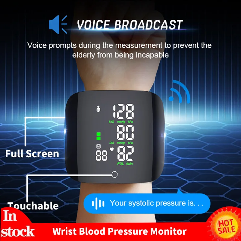 

Chargeable Smart Touch LCD Screen Voice Wrist Blood Pressure Monitor Digital Automatic BP Tonometer Heart Rate Sphygmomanometer