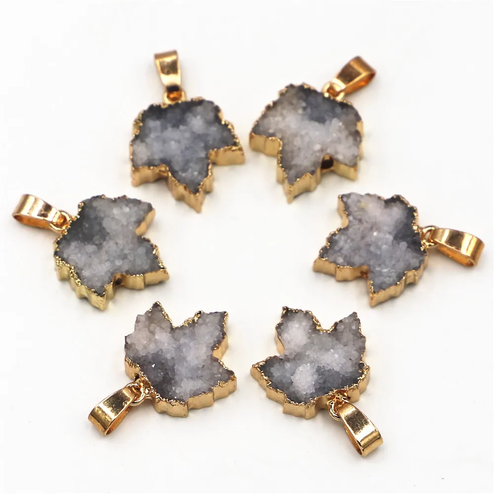 

HotSell Natural Stone Grey Maple Leaf Agate Pendant Gilt Edge Fashion Charm DIY Exquisite Jewelry Necklace Making Wholesale 5Pcs