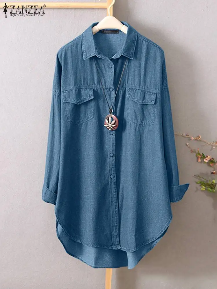 

Модные Офисные джинсовые синие блузки ZANZEA, свободные рубашки на пуговицах, женские рубашки с длинным рукавом, Повседневная однотонная блуз...