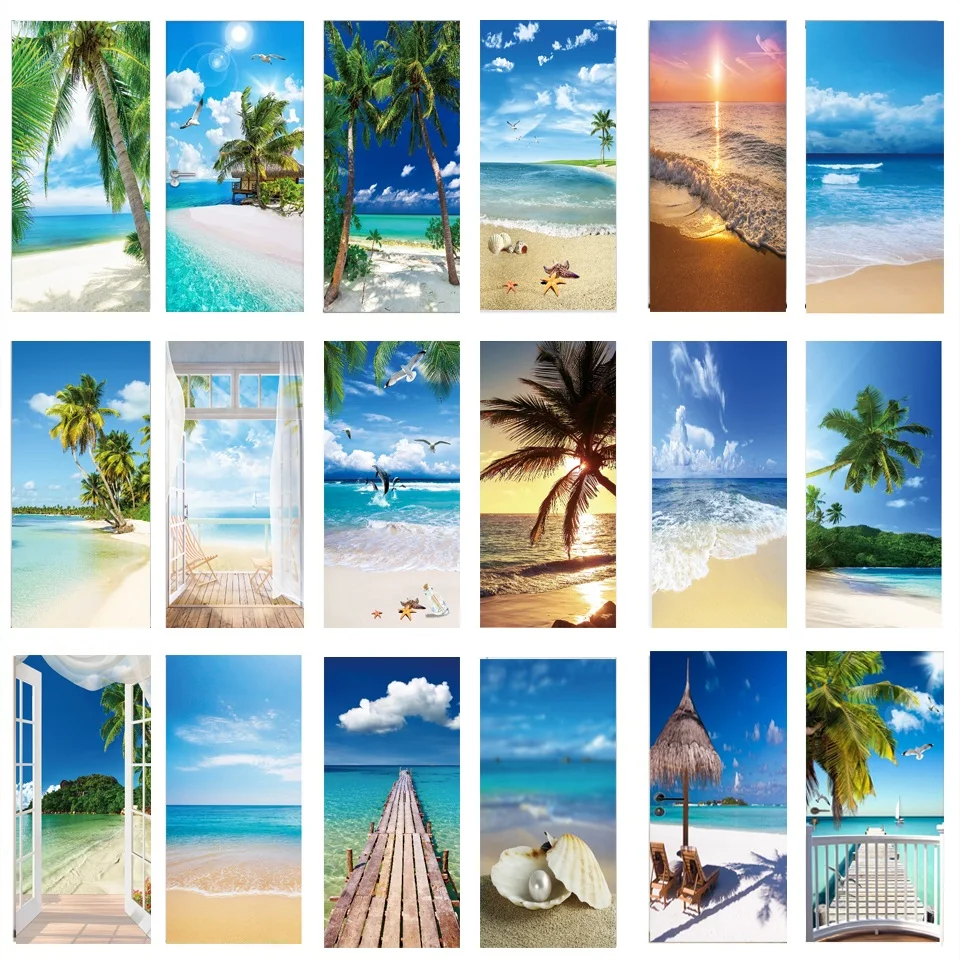 

3D Door Sticker Wallpaper Self-adhesive Seaside Landscape Beach Door Decal Mural Vinyl Poster for Bedroom Bathroom Home Decor