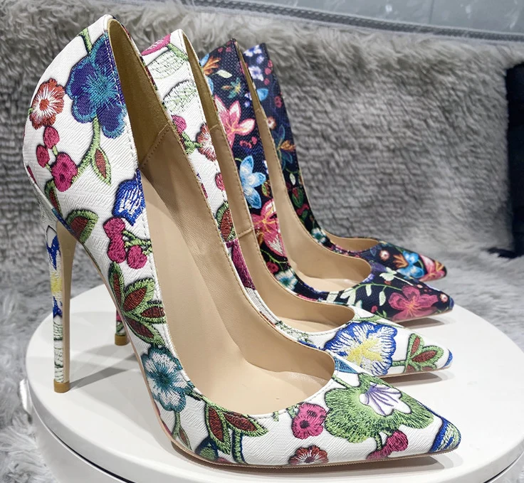 

Vinapobo Embroidered Graffiti Flowers Printed Women Pointy Toe High Heel Party Dress Shoes Sexy Designer Stiletto Classic Pumps