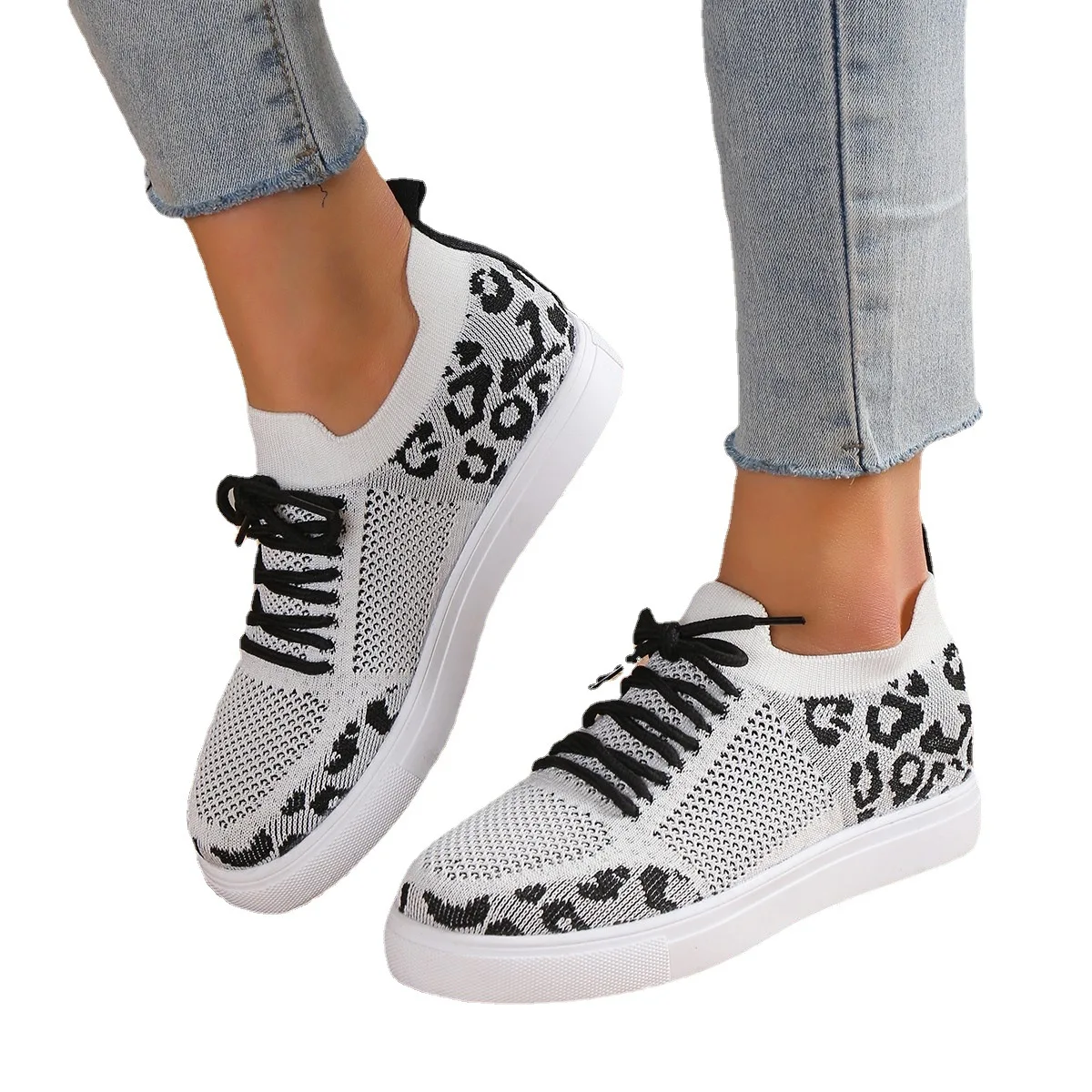 Women's Casual Sports Shoes 2023 New Leopard Print Round Head Tie Up Flat Bottom Comfortable Mesh Women's Shoes Size 43