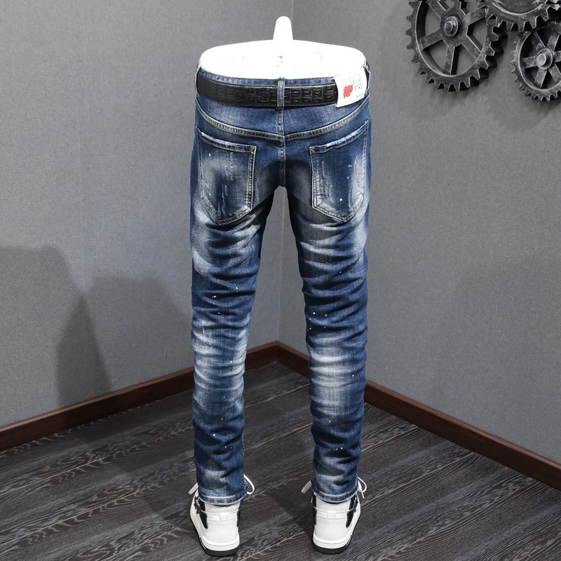 Fashion Streetwear Men Jeans Retro Blue Stretch Elastic Skinny Fit Ripped Jeans Men Patched Designer Hip Hop Denim Pants Hombre
