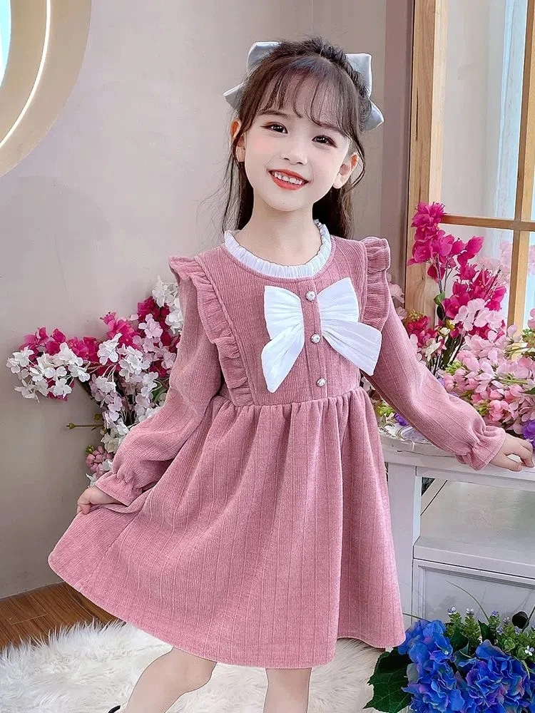 

Осенне-зимнее детское платье с длинным рукавом для девочек с бантом и круглым вырезом рождественское платье принцессы детская одежда плотн...