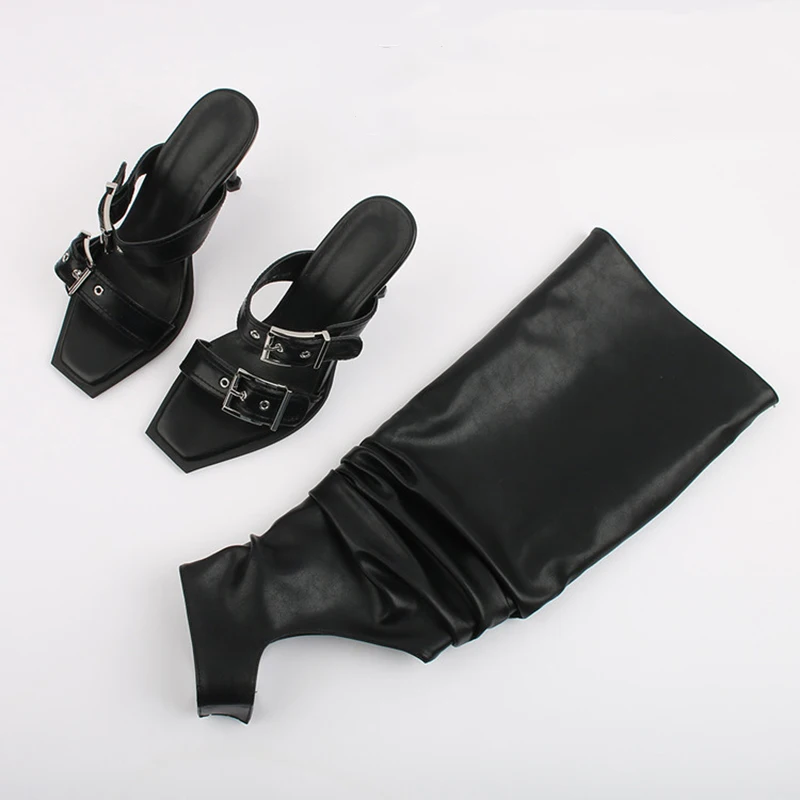 Punk Gothic High Heels Sandals Boots Women 2023 Autumn Metal Buckle Black Long Boots Woman Pu Leather Knee High Botas Shoes