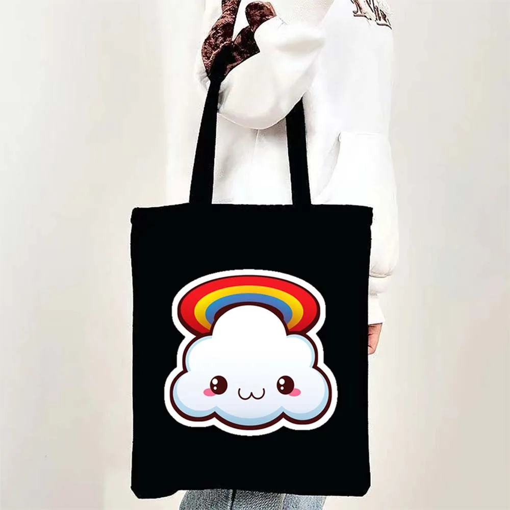 

Kawaii Cloud with Rainbow Sticker Tote Bags for Women Canvas Shopping Beach Bag Large Capacity Reusable Handbags
