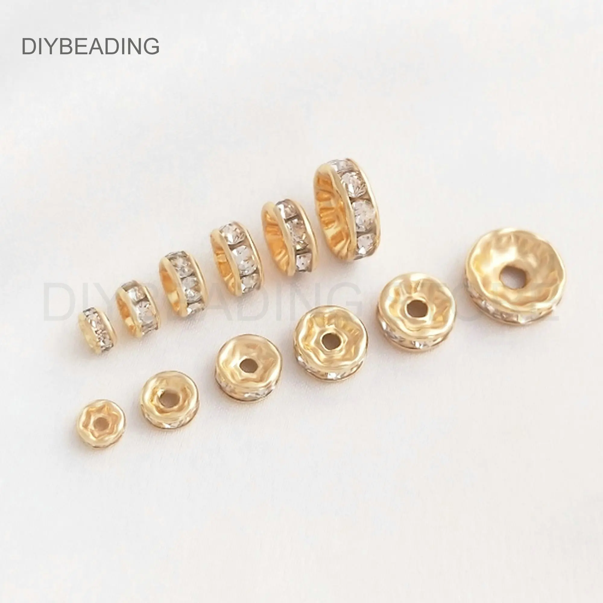 

Rondelle Spacer Beads Lots Wholesale 14K Real Gold Plated Brass and Rhinestone Loose Charm Connector Beads (4/5/6/7/8/10mm)